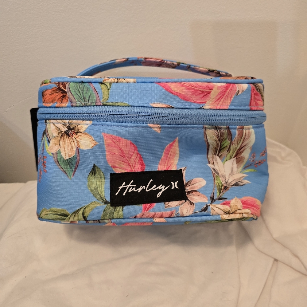 HURLEY Cosmetic Travel Train Case Makeup Bag Blue Multi Tropical Floral NWT